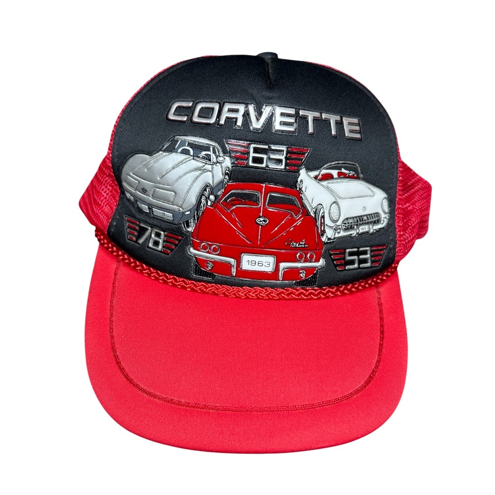 Vintage Corvette Trucker Hat Red Black Mesh Snapback 1953 1963 1978 Car Graphic